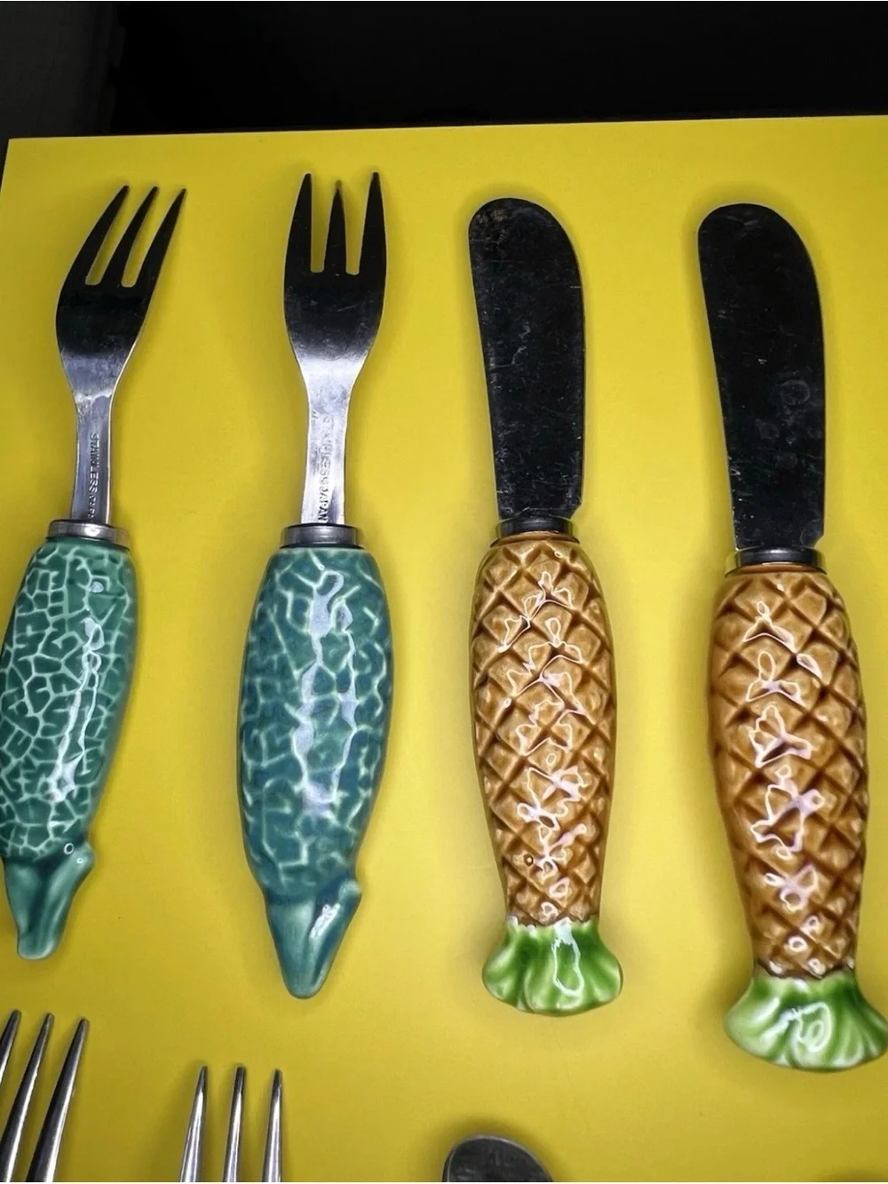 Vintage Japan Fruit Handle Flatware Set Ceramic Knives Forks Stainless Steel